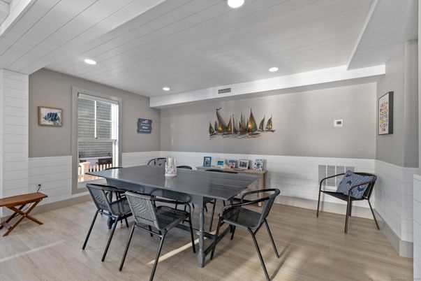 Dining room, Interior, Recessed Lighting, Wood Texture Flooring