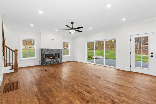 Empty room, Fireplace, Interior, Recessed Lighting, Wood Texture Flooring
