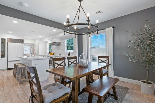 Chandelier, Dining room, Interior, Kitchen, Recessed Lighting, Wood Texture Flooring