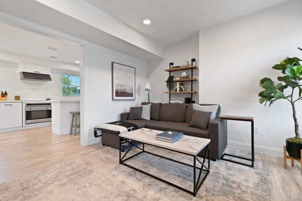 Interior, Kitchen, Living room, Recessed Lighting, Stone Walls, Wood Texture Flooring