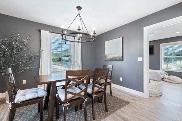 Chandelier, Dining room, Interior, Recessed Lighting, Wood Texture Flooring