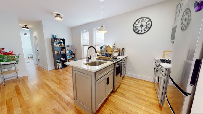 Interior, Kitchen, Pendant Lights, Wood Texture Flooring