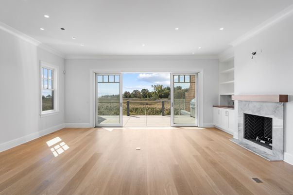 Empty room, Fireplace, Interior, Recessed Lighting, Wood Texture Flooring