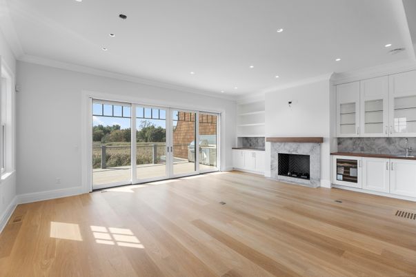 Empty room, Fireplace, Interior, Recessed Lighting, Wood Texture Flooring