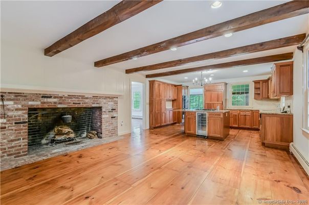 Chandelier, Fireplace, Interior, Kitchen, Pendant Lights, Recessed Lighting, Stone Walls, Wooden Beams, Wood Texture Flooring