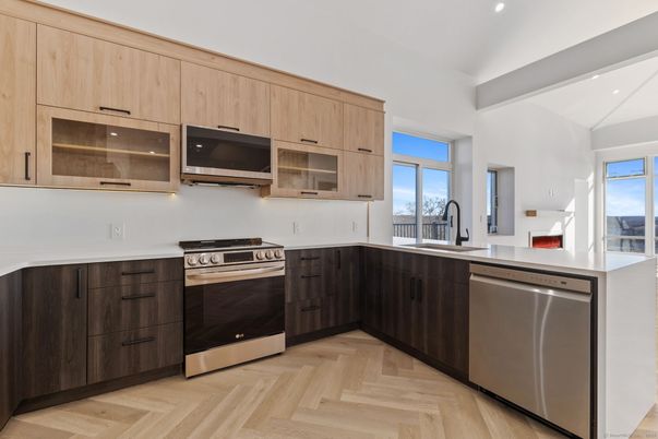 Interior, Kitchen, Recessed Lighting, Stainless Steel Appliances, Wood Texture Flooring