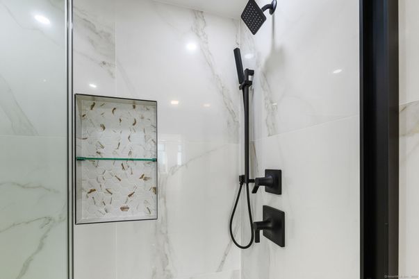 Bathroom, Glass Shower, Interior, Marble Walls, Recessed Lighting