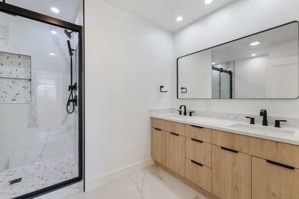Bathroom, Dual Sink Vanities, Glass Shower, Interior, Marble, Recessed Lighting