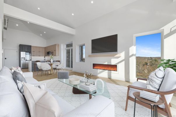 Dining room, Fireplace, Interior, Kitchen, Living room, Recessed Lighting, Stainless Steel Appliances, Wood Texture Flooring
