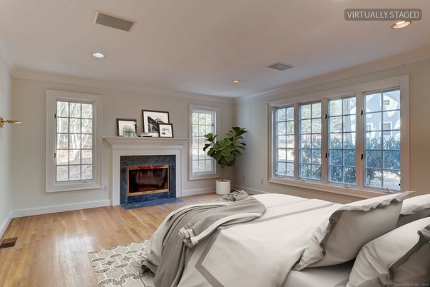 Bedroom, Fireplace, Interior, Recessed Lighting, Wood Texture Flooring