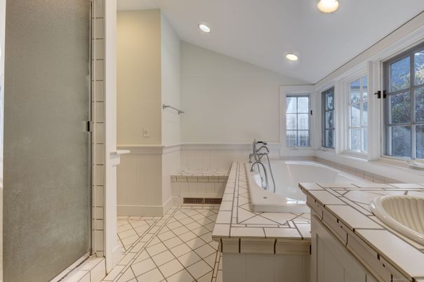 Bathroom, Dual Sink Vanities, Interior, Recessed Lighting, Tile Countertops