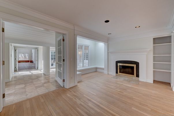 Empty room, Fireplace, Interior, Recessed Lighting, Wood Texture Flooring