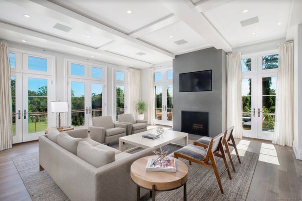 Fireplace, Interior, Living room, Recessed Lighting, Wood Texture Flooring