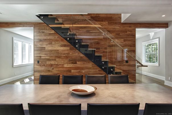 Dining room, Interior, Recessed Lighting, Wood Texture Flooring, Wooden Walls