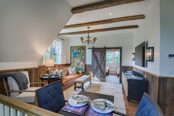 Chandelier, Fireplace, Interior, Living room, Recessed Lighting, Wooden Beams, Wood Texture Flooring