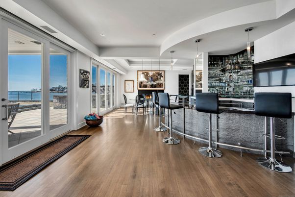 Dining room, Interior, Pendant Lights, Recessed Lighting, Water, Wood Texture Flooring