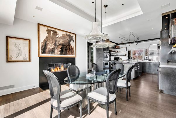 Dining room, Fireplace, Interior, Kitchen, Pendant Lights, Recessed Lighting, Wood Texture Flooring
