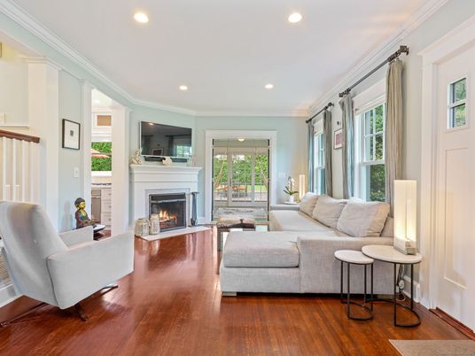 Fireplace, Interior, Living room, Recessed Lighting, Wood Texture Flooring