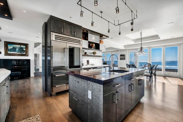 Dining room, Interior, Kitchen, Pendant Lights, Recessed Lighting, Stainless Steel Appliances, Water, Wood Texture Flooring