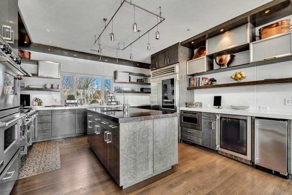 Interior, Kitchen, Pendant Lights, Recessed Lighting, Stainless Steel Appliances, Wood Texture Flooring