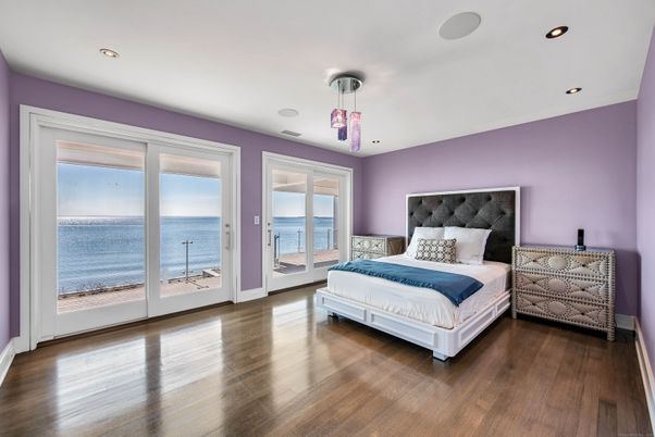 Bedroom, Interior, Recessed Lighting, Water, Wood Texture Flooring