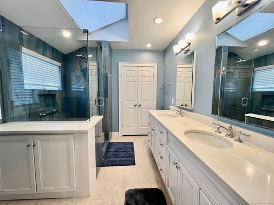 Bathroom, Dual Sink Vanities, Glass Shower, Interior, Recessed Lighting