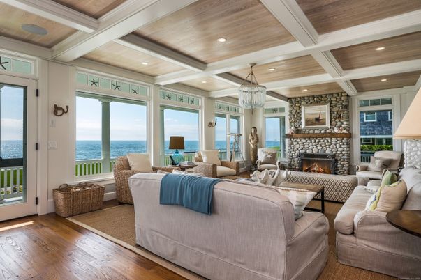 Fireplace, Interior, Living room, Recessed Lighting, Water, Wooden Ceilings, Wood Texture Flooring
