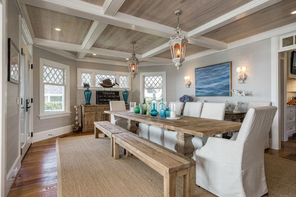 Dining room, Interior, Pendant Lights, Recessed Lighting, Wooden Ceilings, Wood Texture Flooring