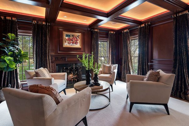 Fireplace, Interior, Living room, Recessed Lighting, Wooden Beams, Wooden Walls