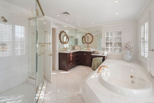 Bathroom, Dual Sink Vanities, Glass Shower, Interior, Marble, Recessed Lighting