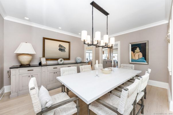 Dining room, Interior, Pendant Lights, Recessed Lighting, Wood Texture Flooring
