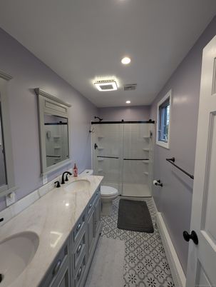 Bathroom, Dual Sink Vanities, Glass Shower, Interior, Recessed Lighting