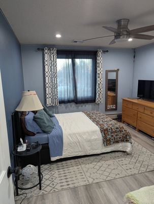 Bedroom, Interior, Recessed Lighting, Wood Texture Flooring