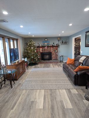 Fireplace, Interior, Living room, Recessed Lighting, Wood Texture Flooring