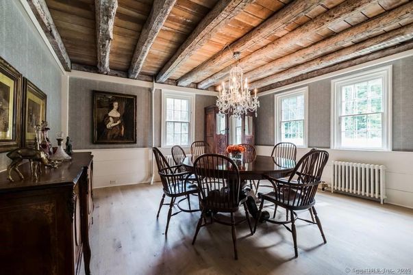 Chandelier, Dining room, Interior, Wooden Beams, Wooden Ceilings, Wood Texture Flooring