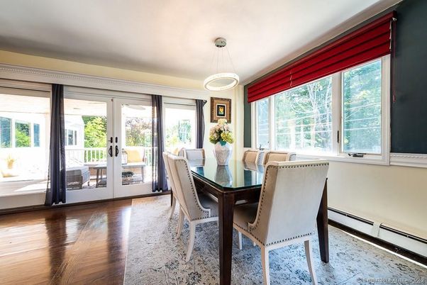 Dining room, Interior, Pendant Lights, Wood Texture Flooring