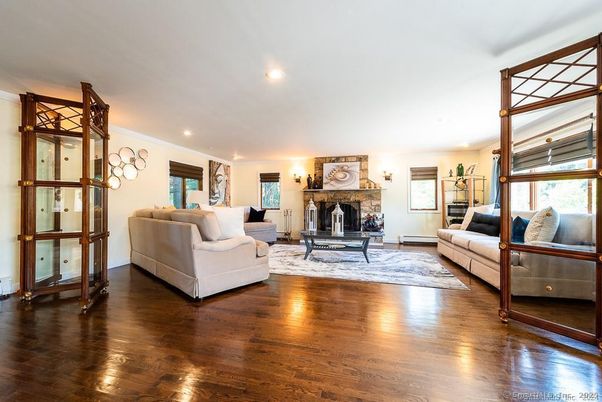 Fireplace, Interior, Living room, Recessed Lighting, Wood Texture Flooring