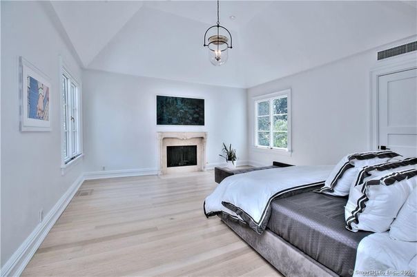 Bedroom, Fireplace, Interior, Pendant Lights, Wood Texture Flooring