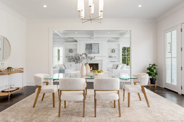 Chandelier, Dining room, Fireplace, Interior, Living room, Recessed Lighting, Wood Texture Flooring