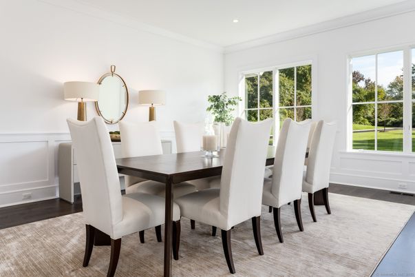 Dining room, Interior, Recessed Lighting, Wood Texture Flooring