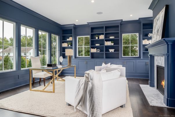 Fireplace, Home Office, Interior, Recessed Lighting, Wood Texture Flooring