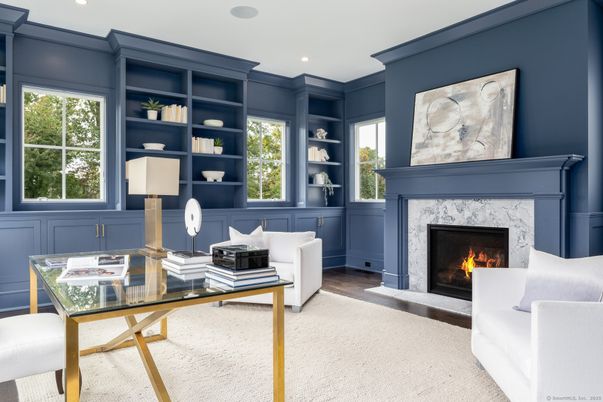 Fireplace, Home Office, Interior, Recessed Lighting, Wood Texture Flooring
