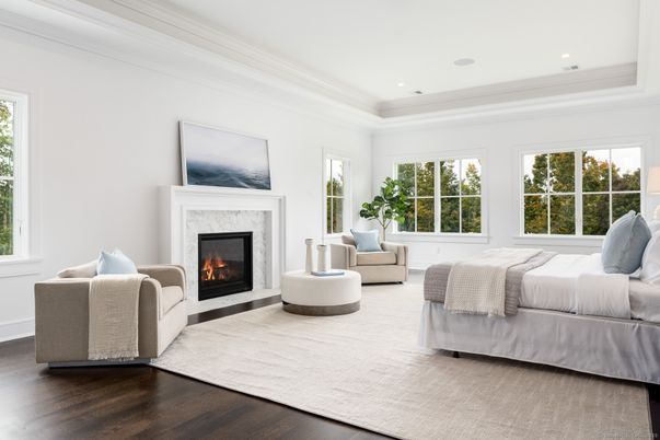 Bedroom, Fireplace, Interior, Living room, Recessed Lighting, Wood Texture Flooring