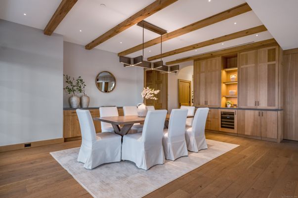 Dining room, Interior, Pendant Lights, Recessed Lighting, Wooden Beams, Wood Texture Flooring