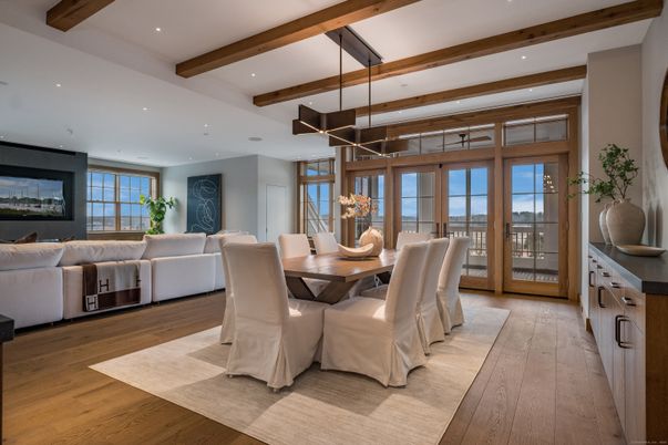 Dining room, Interior, Living room, Pendant Lights, Recessed Lighting, Wooden Beams, Wood Texture Flooring