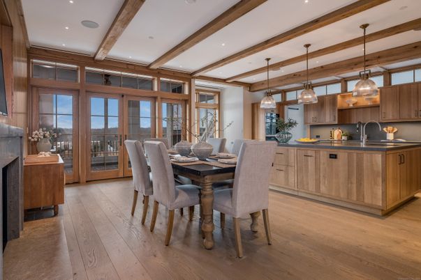 Dining room, Interior, Kitchen, Pendant Lights, Recessed Lighting, Wooden Beams, Wood Texture Flooring
