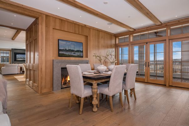 Dining room, Fireplace, Interior, Recessed Lighting, Wooden Beams, Wood Texture Flooring, Wooden Walls