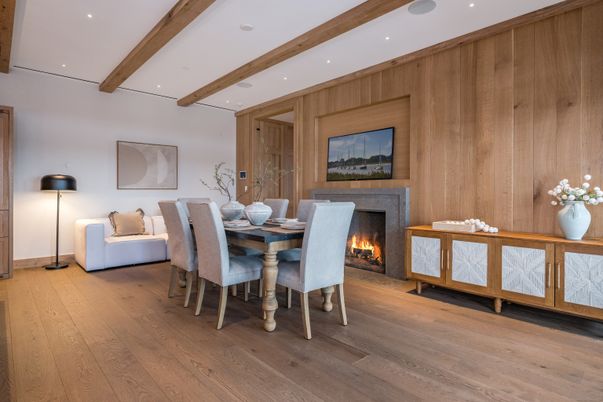 Dining room, Fireplace, Interior, Living room, Recessed Lighting, Wooden Beams, Wood Texture Flooring, Wooden Walls