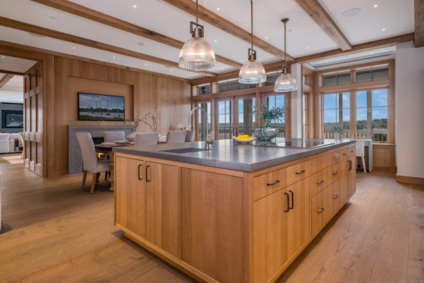 Dining room, Interior, Kitchen, Pendant Lights, Recessed Lighting, Stainless Steel Appliances, Wooden Beams, Wood Texture Flooring