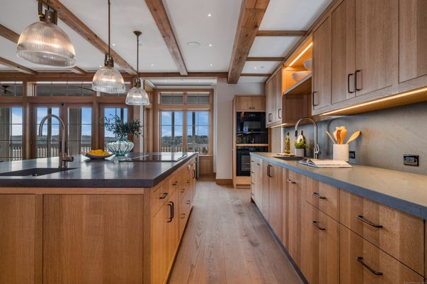 Interior, Kitchen, Pendant Lights, Recessed Lighting, Stainless Steel Appliances, Wooden Beams, Wood Texture Flooring